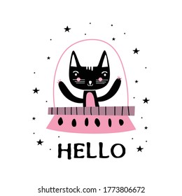 Cute cat character animals astronauts cat in outer space, rockets, UFO, planets, constellations, stars. Cat as a cosmonaut, space suit, funny futuristic design for kids. Vector illustration
