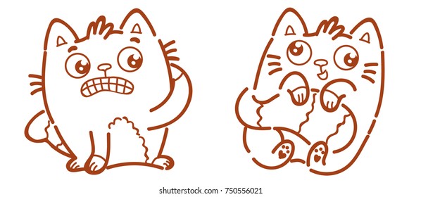 Cute Cat character: ashamed, embarrassed, guilty and funny, confused, messy, crazy emotions. Character in outline hand drawn style, doodle cartoon illustration. As mascot, sticker, emoji, emoticon