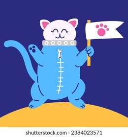 Cute cat character in an astronaut suit. Vector illustration of a pet on the moon.