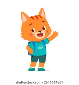 Cute Cat Character with Backpack Waving Hand and Smiling in Children Illustration Style