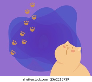 Cute cat character and brown paw prints vector illustration. Cartoon drawing of comic kitten and paw marks for website design or filter on abstract background. Pets or domestic animals concept