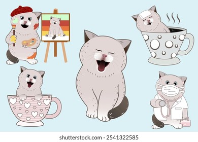 Cute Cat Character Bundle for Art, Health, and Coffee-Themed Creations: Perfect for Stickers, Decor, and Craft Projects