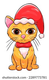 Cute cat character in Christmas Santa red hat. Vector holiday card