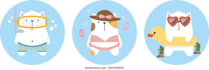 Gato bonito conceito personagem hello verão viajando ilustração decorar por máscara snorkeling, sorvete de picolé e weed férias estilo cartoon. Design plano para crianças