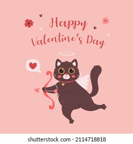Cute cat character cupid cat with bow and arrow. Valentines Day greeting card. Love, romantic, wedding, Valentines day concept. Vector illustration