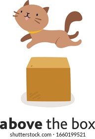 Cute cat character in different poses with box. Prepositions of place English. Studying of foreign language concept. Vector illustration