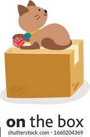Cute cat character in different poses with box. Prepositions of place English. Studying of foreign language concept. Vector illustration