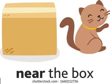 Cute cat character in different poses with box. Prepositions of place English. Studying of foreign language concept. Vector  illustration