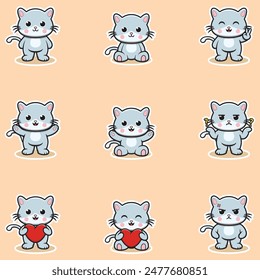 Lindo personaje de gato diferentes poses ilustración. Diseño de personajes de dibujos animados. Estilo plano de la historieta. Juego de animales lindos.