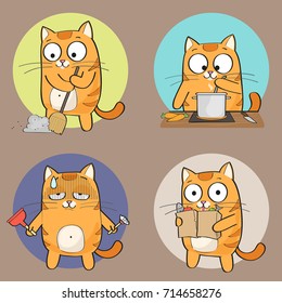 Cute Cat Character doing different housework. Vector illustration