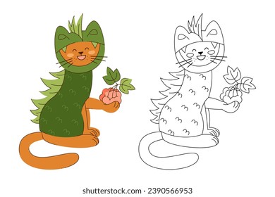 Cute cat character in a dragon costume with a bunch of rowan berries. Color, black and white vector illustration.