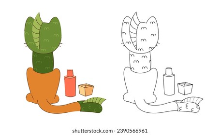 A cute cat character in a dragon costume sits with his back to us. Color, black and white vector illustration.