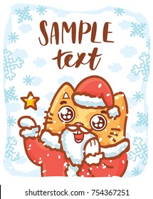 Cute cat character dressed as Santa Claus. Illustration for Christmas/Xmas and New Year with space for text. In vector hand drawn, doodle style for card, poster, banner, invitation