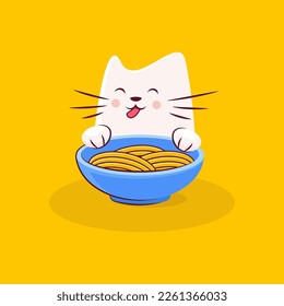 Cute cat character enjoys tasty ramen asian noodles