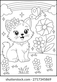Cute cat character with a flower crown sitting in a spring meadow with a large flower, rainbow, and butterfly. Adorable coloring page for kids and adults. Happy coloring sheets for girls.