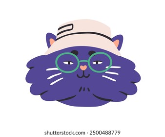 Cute cat character in glasses and panama hat. Adorable funny smart anthropomorphic feline animal, comic face portrait, head avatar. Modern flat vector illustration isolated on white background