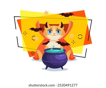 Cute cat character in Halloween costume brewing potion in cauldron vector illustration. Flying bats on background. Halloween, pet, magic concept. Can be used for banner, poster or invitation design