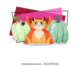 Cute cat character in Halloween costume sitting among pumpkins on abstract background. Halloween, pet, party concept. Vector illustration can be used for banner, poster or invitation design