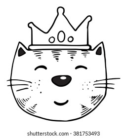 Cute cat character, hand drawn, black and white, isolated, vector illustration
