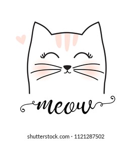 Cute cat character. Hand drown kitty illustration. Cat graphic design for kids. Meow slogan