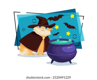 Cute cat character in hat and mantle brewing green potion in cauldron vector illustration. Flying bats on background. Halloween, pet, magic concept. Can be used for banner, poster or invitation design