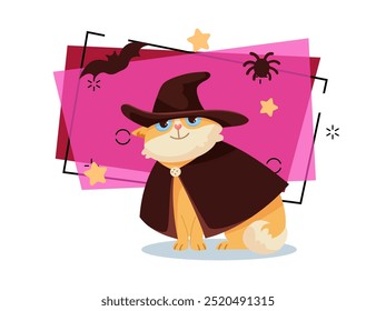 Personagem de gato bonito em chapéu e ilustração de vetor de manto. Aranha e morcego no fundo. Halloween, animal de estimação, conceito de festa. Pode ser usado para design de banner, cartaz ou convite