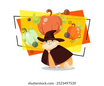 Personagem de gato bonito em chapéu e ilustração de vetor de manto. Abóboras e doces em fundo abstrato. Halloween, pet, conceito mágico. Pode ser usado para design de banner, cartaz ou convite