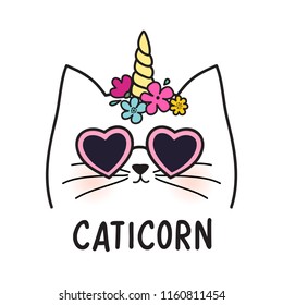 Cute cat character with heart sunglasses. Hand drown kitty illustration. Cat graphic design for kids. Caticorn slogan