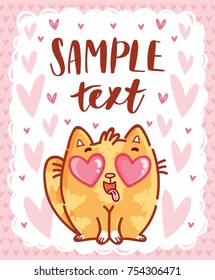 Cute Cat character with hearts in eyes on romantic pink back. Vector hand drawn cartoon, doodle style illustration with place for your text. Can be as greeting card, poster, banner, invitation