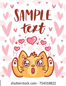 Cute Cat character with hearts on romantic pink back. Vector hand drawn cartoon, doodle style illustration with place for your text. 