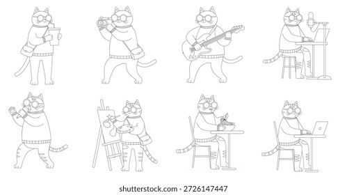 Cute cat character hobby set outline coloring page for kids and adults