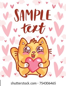 Cute Cat character holding big heart on romantic pink back. Vector hand drawn cartoon, doodle style illustration with place for your text. Can be as greeting card, poster, banner, invitation