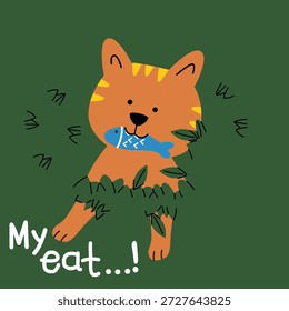 Cute cat character holding fish while sitting in grass illustration with playful mood. Kids food story concept
