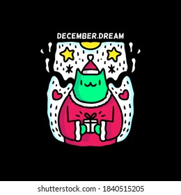 Cute Cat character holding gift boxes, with wearing Santa costume. Hand drawn holiday illustration in cartoon, doodle style for New Year and Christmas