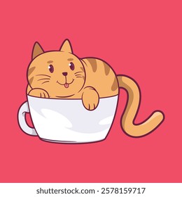 A Cute Cat Character inside a cup of tea vector illustration. Pen, mascot design concept.