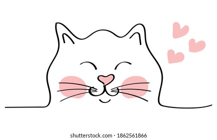 Cute cat character isolated on white background. Outline cat with hearts in doodle style. Meow. Vector hand drawn illustration. Love. Pet