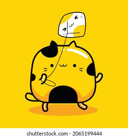 cute cat character kite flying