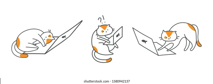 Cute cat character with laptop in different poses, design outline of cat. kitty working at the computer online. Draw doodle style. 