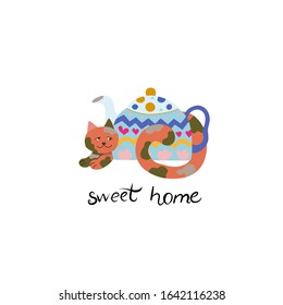 A cute cat character lies behind a teapot. Kitten is drawn by hand in a flat style. Funny cartoon animal. Bright cozy design for children, sticker, card, invitation, fabric. The inscription sweet home