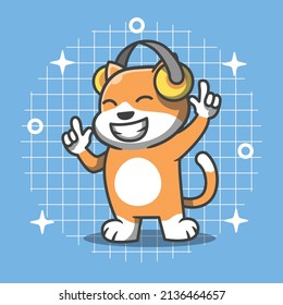 Cute cat character is listening to music through headset. Flat cartoon style.