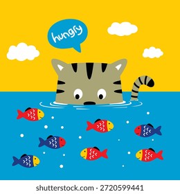 Personagem gato bonito olhando para peixes na ilustração água. Conceito de curiosidade infantil
