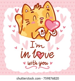 Cute Cat character in love with heart air kiss with lettering calligraphy text. I'm in love with you. Hand drawn art illustration in cartoon, doodle style for card, poster, invitation