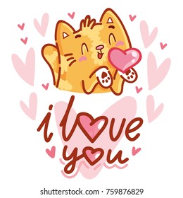 Cute Cat character in love with heart air kiss with lettering calligraphy text. I love you. Hand drawn art illustration in cartoon, doodle style for greeting card, poster, invitation