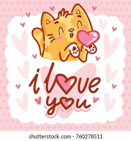 Cute Cat character in love with heart air kiss and lettering calligraphy text. I love you. Hand drawn art, romantic illustration in cartoon, doodle style for greeting card, poster, invitation