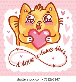 Cute Cat character in love holding big heart with lettering calligraphy text. I love you infinitely. Hand drawn, romantic illustration in cartoon doodle style for card, poster, invitation