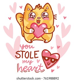 Cute Cat character in love holding big heart with lettering calligraphy text. You stole my heart. Hand drawn, romantic illustration in cartoon doodle style for card, poster, invitation