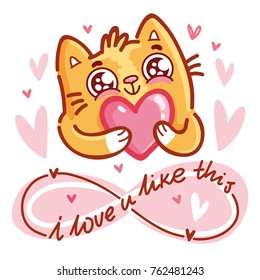 Cute Cat character in love holding big heart with lettering calligraphy text. I love you infinitely. Hand drawn, romantic illustration in cartoon doodle style for card, poster, invitation