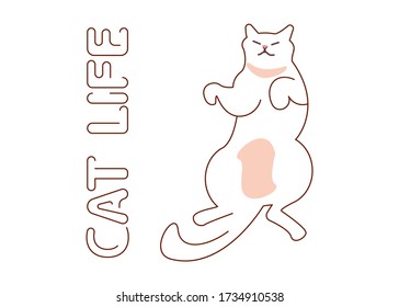 Cute cat character is lying on back and sound asleep, cute funny kitty portrait. Flat Line Art Vector illustration