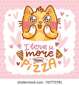 Cute Cat character madly in love with with big eyes, and lettering calligraphy text. I love you more than coffee. Hand drawn, romantic illustration in cartoon doodle style for card, poster, invitation