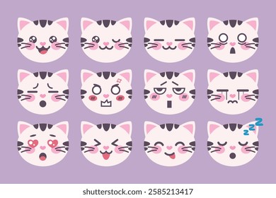 Cute cat character manga emoji set. Kitten cartoon mascot emoji icons. Vector illustration